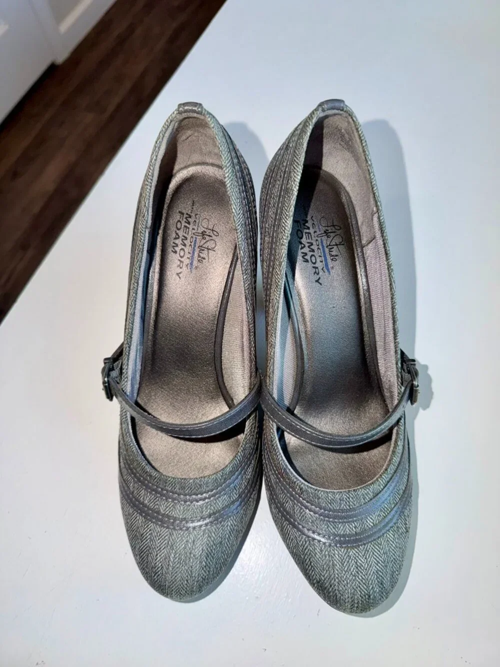 LifeStride Velocity Bimala Tweed Mary Jane Heels – Gray, Size 7 with Memory Foam